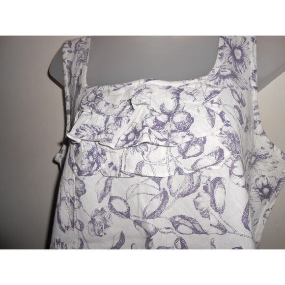 GAP Women's Square Neck Linen Cotton Tank Ruffle Bib Size L White Grey Floral - Picture 2 of 6